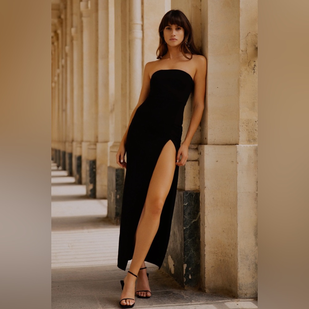 Meshki Black Rachel Front Split Strapless Maxi Dress